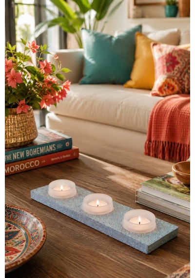 Ahşap Granit Dokulu Boyalı 3 Lü Tealight Mumluk Turkuaz
