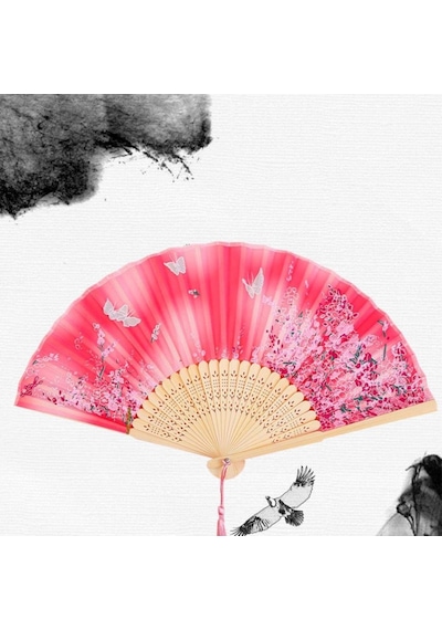 Beluga Yelpaze Bambu Vintage Pembe Kelebekli Çiçekli Şık Püsküllü Japon Yelpaze 0266
