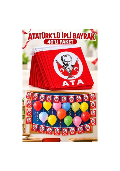 İpli Atatürk Bayrak Orta Boy 40'lı 8x13cm 3 Paket Atalı Bayrak Kağıt İpli Sıralı Ayyıldız Bayrak Sınıf Süsü Okul Bayram 1