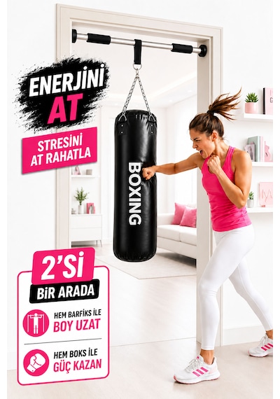 Spor Byfit 70 Cm Boks Torbası Ve Kapı Barfiks Demiri - 2 Si 1 Arada Siyah