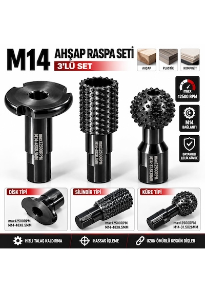3 Parça Ahşap İşleme Oyma Kanal Açma Seti M14 Avuç Taşlamaya Uygun