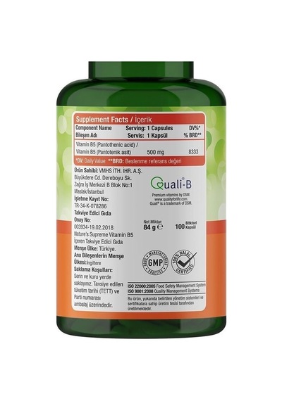 Nature'S Supreme Vitamin B5 500 Mg 100   Kapsül