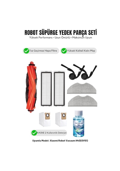 Robot Vacuum H40 Ov51 İle Uyumlu 1 Ana Fırça 2 Yan Fırça 2 Filtre 2 Mop 1 Deterjan 2 Toz Torbası 7.0