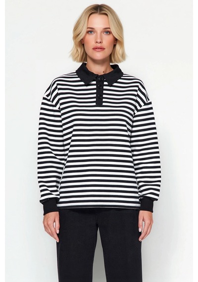 Benerly Kadın Polo Yaka Düşük Kol Çizgili Örme Sweatshirt Fonksiyonel Day siyah