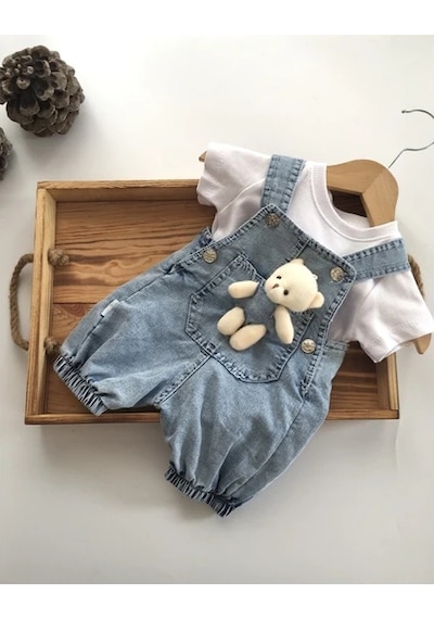 Bilge Trend Oyuncaklı Bebek Kot Salopet Tişört Takım Slopet T-shirt Takım Mavi