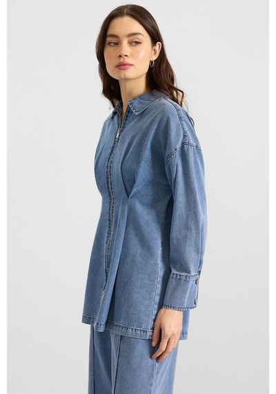 Olcay Fermuar Ve Pens Detaylı Ceket Pantolon Denim İkili Takım Açık Mavi 9396-tk