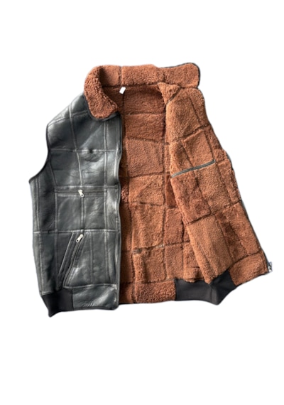 Ln Leather Patchwoork İçi Dışı Gerçek Deri Yakalı Beli Trikolu Yelek Siyah