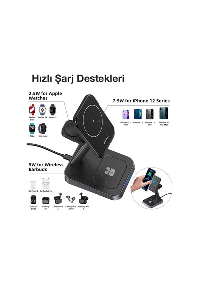 Ally W68 15w 3in1 Manyetik Ve Katlanabilir Portatif Masaüstü Kablosuz Şarj Standı- 5775 Standart