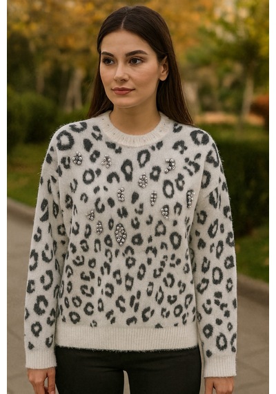Ayda Boncuk Detaylı Angora Bluz Ekru - 783832599 Ekru