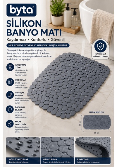 Silikon Kaydırmaz Banyo Matı 68x35 Cm Vantuzlu Duş Ve Küvet Matı Gri