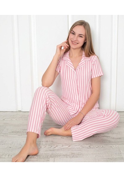 Oreiro Kadın Pembe Çizgili Bambu Pijama Takımı - Düğmeli Gömlek Yaka Uzun Kollu Ev Giyimi Seti Beyaz - Pembe Oreiro Kadın Pembe Çizgili Bambu Pijama Takımı - Düğmeli Gömlek Yaka Uzun Kollu Ev Giyimi Seti Beyaz - Pembe