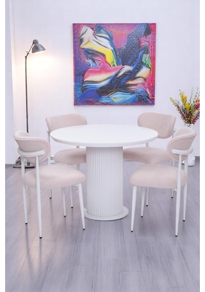 Bohem Polo Yuvarlak Lak Panel Mutfak Masa Takımı 100cm beyaz