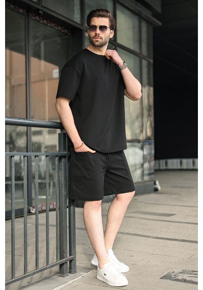 Madmext Siyah Bisiklet Yaka Oversize Erkek Şort T-shirt Takım E7355 Siyah