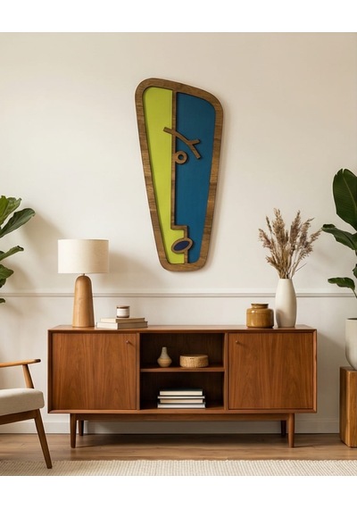 Modern Picasso Tarzı Ahşap Duvar Mask Mdf - Mavi Yeşil Soyut Geometrik Yüz Dekoru 1
