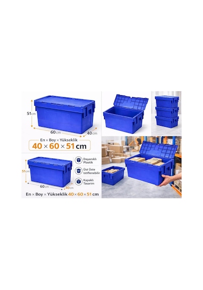 6lı 40 60 51 Cm Mavi Menteşe Kapaklı Plastik Kasa