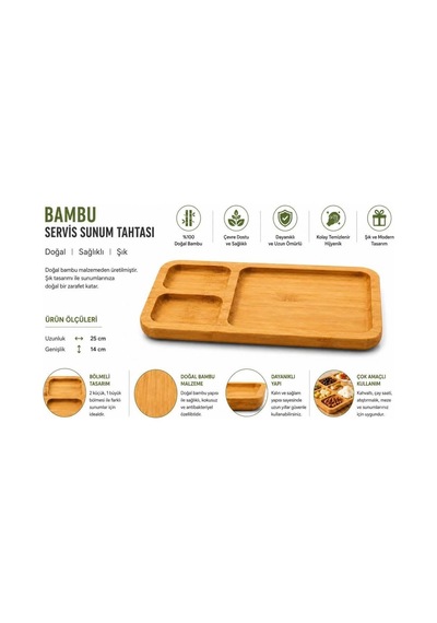 3 Bölmeli Bambu Ahşap Servis Sunum Tahtası-çerez Kahvaltılık Peynir Sunum Tabağı Genel