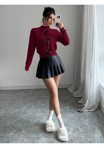 Sayzen Your Shine Örgülü Fiyonk Detaylı Triko Kazak Sy-2501-kzk Bordo