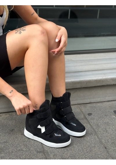 Erva'nın Butiği Siyah Süet İsabe Gizli Topuk Dolgu Topuk 7 Cm Boy Uzatan Sneakers-6446