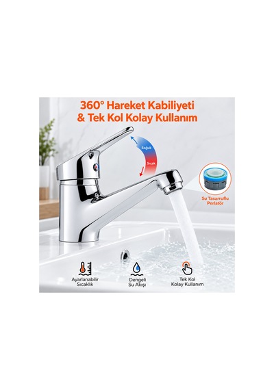 Krom Sabit Lavabo Bataryası Seramik Kartuş Su Tasarruflu Tek Kumandalı Banyo Musluğu Gümüş