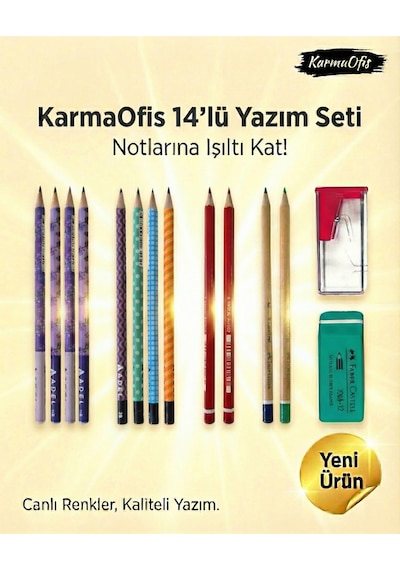 14 Lü Yazım Seti Set 3 Renkli Kalem Seti, Silgi + Kalemtıraş, Okul & Ofis İçin Çok Renkli