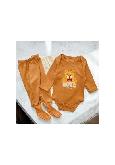 Altıntaş Baby Ayıcıklı Çoraplı Pijamalı 2 Li Body Ve Zıbın Takımı Kahverengi Kahverengi
