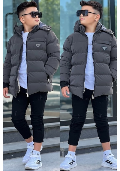 Pina Kids Erkek Çocuk Çıkarılabilir Kapüşonlu Su Geçirmez Nova Kışlık Mont Km4012 Füme