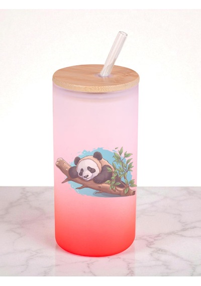 Panda Baskılı 600 Ml Cam Matara- Su Matarası, Suluk Matara, Cam Pipetli Matara Kırmızı