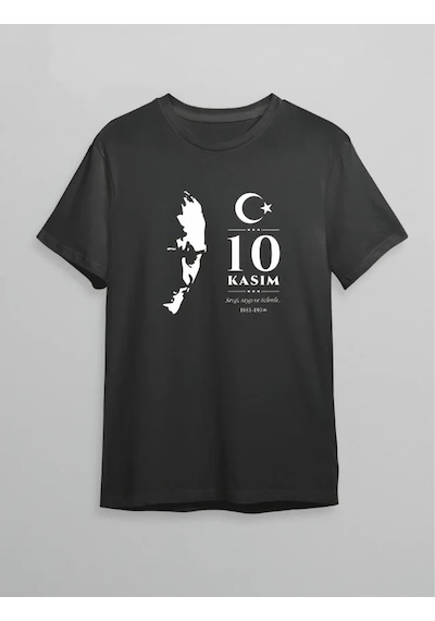 Defymoda 10 Kasım Atatürk Anma Günü Silüet Baskılı Oversize Bisiklet Yaka T-shirt - Siyah