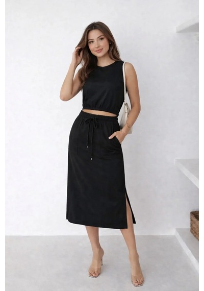 Kadın Crop, Yırtmaçlı Midi Etek İkili Takım 2xl/3xl Siyah