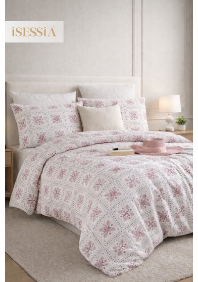 Mira Çift Kişilik Lastikli Çarşaflı Nevresim Takımı Beyaz - Çiçek - Motif