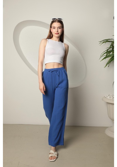 Chıcnhappy Müslin Kumaş Bol Paça Kadın Pantolon İndigo 24y00600116 İndigo