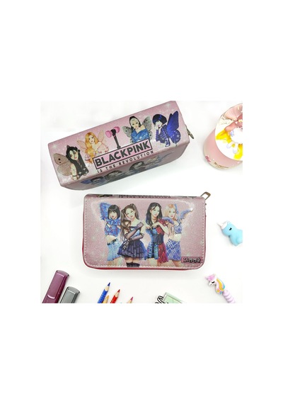 Simli Işıltılı Blackpink Blink Kalem Kutusu Vegan Deri Kalemkutu Üç Bölmeli Kalemlik -pembe
