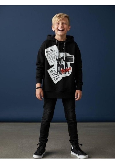 Zekids Erkek Çocuk Kapüşonlu Baskılı Teenage Tasarım Sweatshirt-16662 Siyah