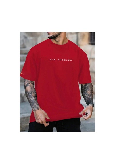 Medinenur Los Angels Yazı Detaylı Basic T-shirt Kırmızı