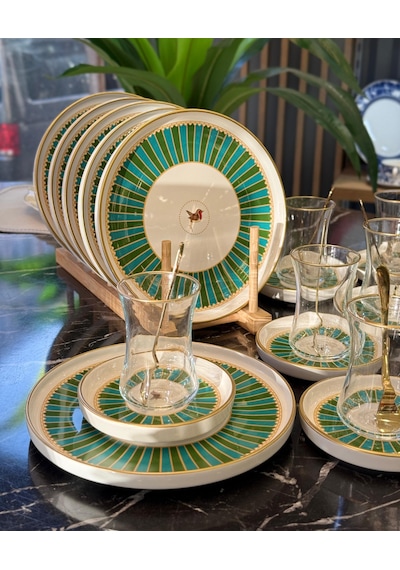 18 Parça Modern Piano Bird Green Pasta Çay Saati Seti-4347 Çok Renkli