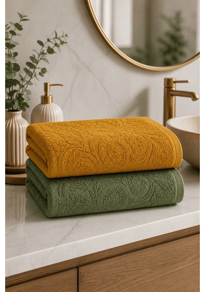 2'li Jakarlı Büyük Boy Banyo Havlusu 90x150 Cm %100 Pamuk Lorea 650 Gr Yeşil-hardal