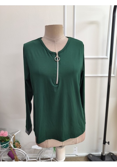 Butik İstanbul Kadın Uzun Kollu Yakadan Fermuarlı Viskon Bluz Yeşil