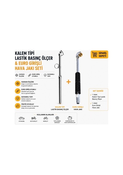 Kalem Tipi Lastik Basınç Ölçer + Euro Girişli Hava Jakı Seti