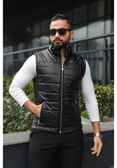 Basic Slim Fit Deri Yelek Siyah