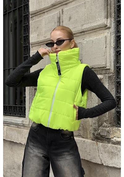Veraura Lifestyle Neon Yeşil Sırtı Taş İşlemeli Dik Yaka Kısa Şişme Yelek