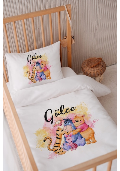 %100 Pamuk Saten Isme Özel Isimli 100x150 Bebek Yatak Nevresim Seti Winnie Ve Arkadaşları