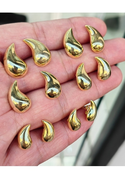 Taşsız Balon Damla Gümüş Küpe - Gold Renk Altın