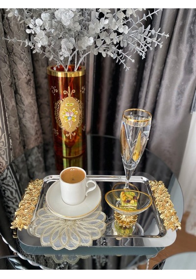 Atabey Home Collection 2'li Kahve & Çay & Sunum Dikdörtgen Büyük Sunum Tepsisi Çelik Gül Model Gold 30 Cm