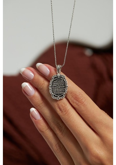 Roza Silver Oval Otantik Ayet El Kursi Gümüş Kolye