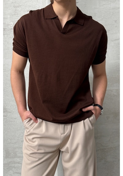 Erkek Oversize Pamuklu Polo Yaka Triko T-shirt Kahverengi