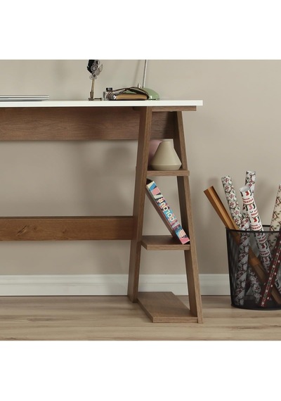 Lungo Raflı Çalışma Masası, Ofis Masası, 60x140 Cm, Koyu Meşe&beyaz Çok Renkli