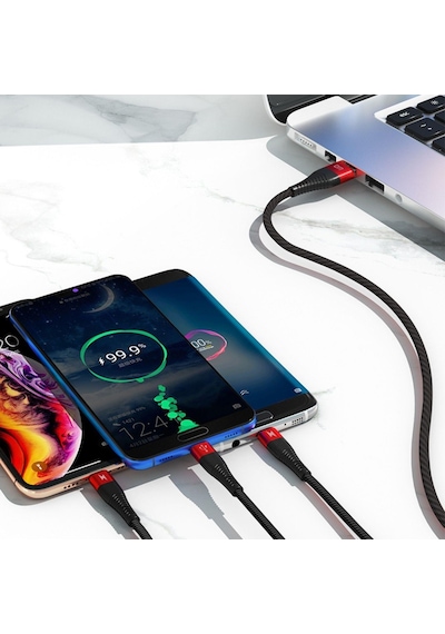 Dm SL004 Apple Uyumlu iPhone Lightning Type-C Micro USB 2.4A Şarj ve Data Kablosu 120 CM
