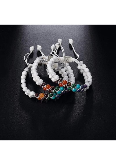 Valkyrie 7 Çakra Doğal Taş Bileklik Howlite Beyaz Ayarlanabilir Makrome Unisex  Bilekliği Beyaz