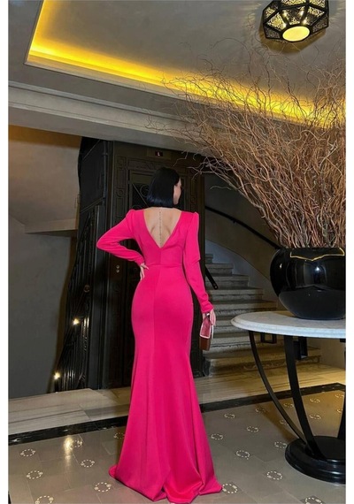 Lior Design Kadın Tasarım V Yaka Taş Detaylı Uzun Kollu Abiye Elbise Fuşya