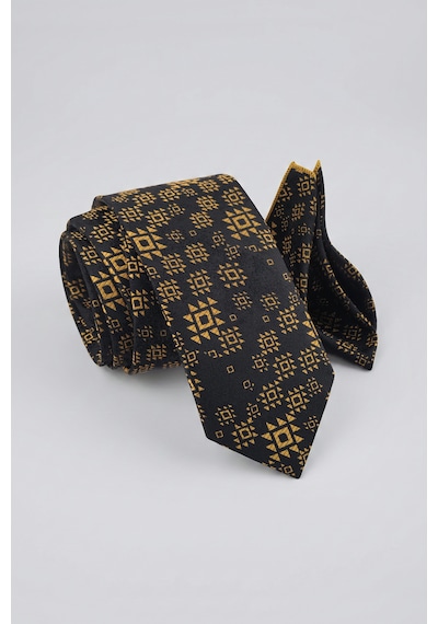 Milleniva Motif Desenli Siyah Gold Kravat & Mendil